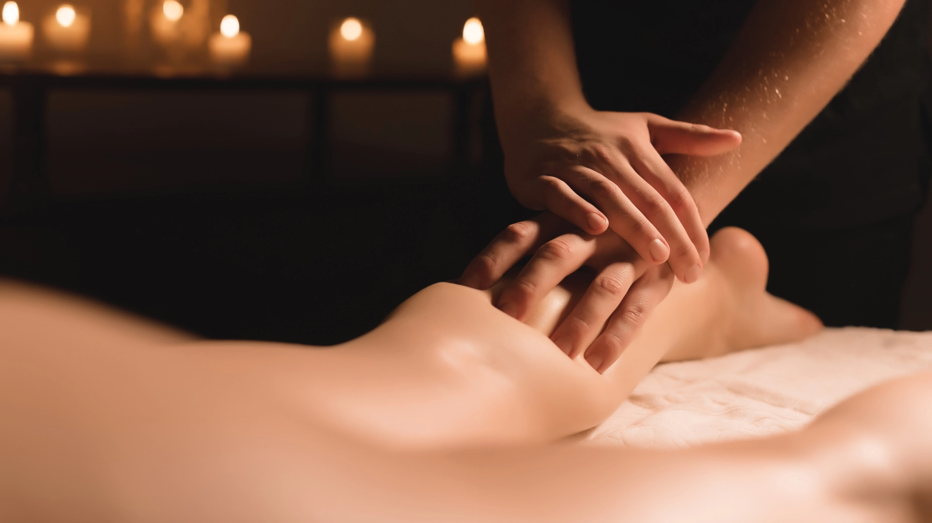 Massage med värmeljus i bakgrunden